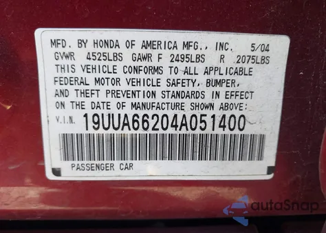 2004 Acura Tl from USA, damaged, VIN 19UUA66204A051400